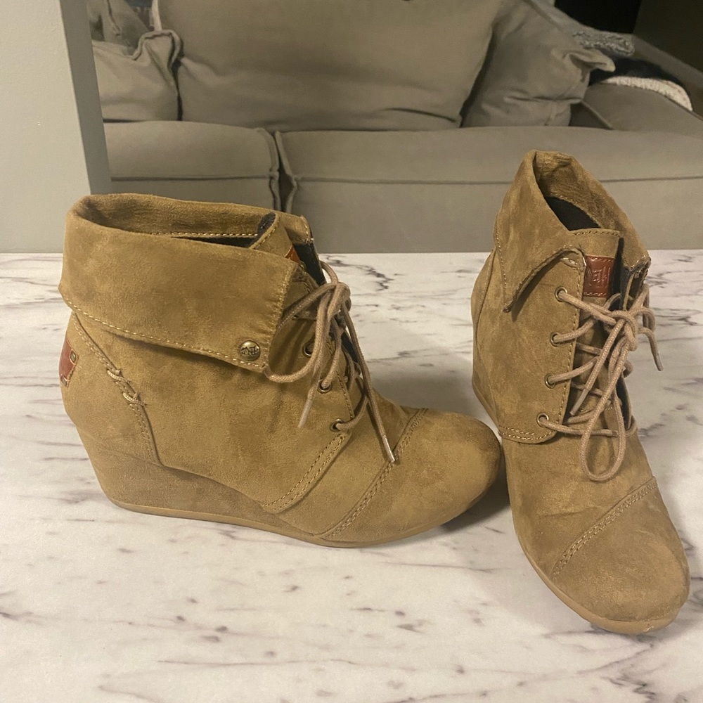 Tan suede wedge booties